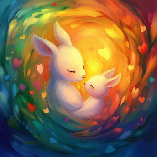 Eltern Kind Yoga – Illustration: Mama Hase und Kind Hase schauen sich an, umgeben von bunten Herzen.